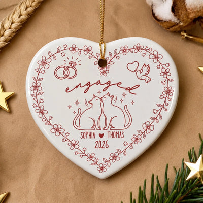 Purrfectly Engaged, Forever in Love - Personalized Ceramic Ornament, Custom Names and Date, Cat Couple Ornament, Engagement Keepsake, Gift for Future Newlyweds