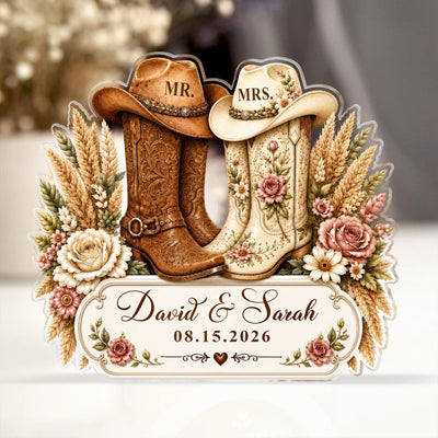 Two Boots One Love – Personalized Acrylic Plaque, Custom Wedding Date Keepsake, Western Wedding Gift