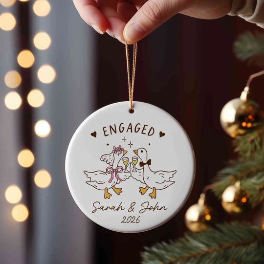 Two Silly Geese, One Beautiful Forever - Personalized Ceramic Ornament, Custom Names and Engagement Year, Cute Couple Keepsake, Fiancé Gift, Wedding Announcement Ornament