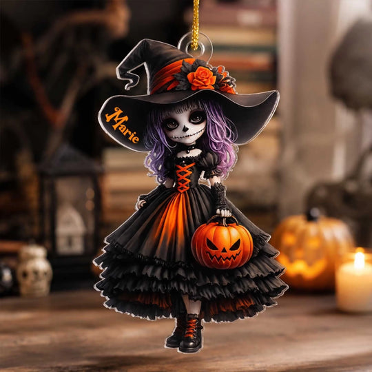 Spooky Little Witch Girl - Personalized Ornament, Custom Witch Gift, Cute Gothic Girl Decor, Skeleton Witch Keepsake