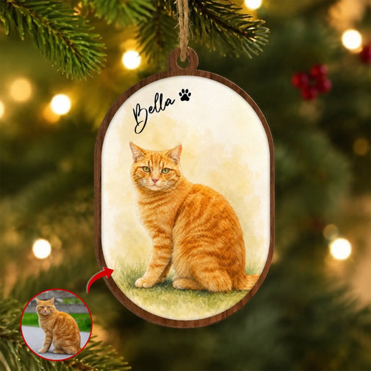 Powered By Love, Fur And Paw Prints - Personalized Wooden Ornament, Custom Water Color Photo And Name