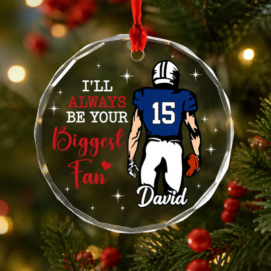 Always Your Biggest Fan - Personalized Glass Ornament, Custom Football Player Gift, Jersey Number Keepsake, Football Mom Gift