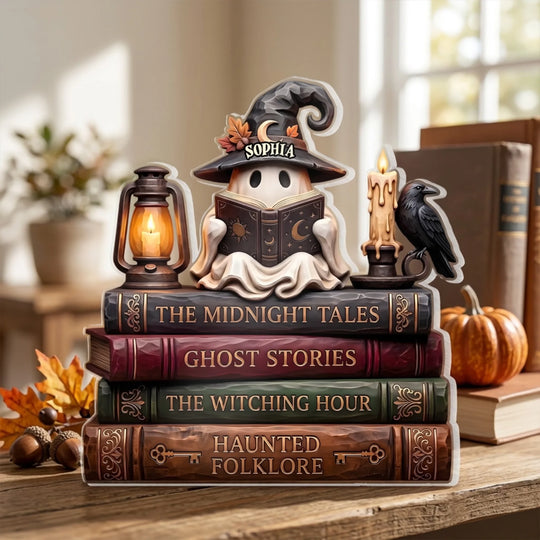 Witch Ghost Reader - Personalized Acrylic Plaque, Custom Book Lover Gift, Halloween Decor, Fall Harvest Shelf Sitter