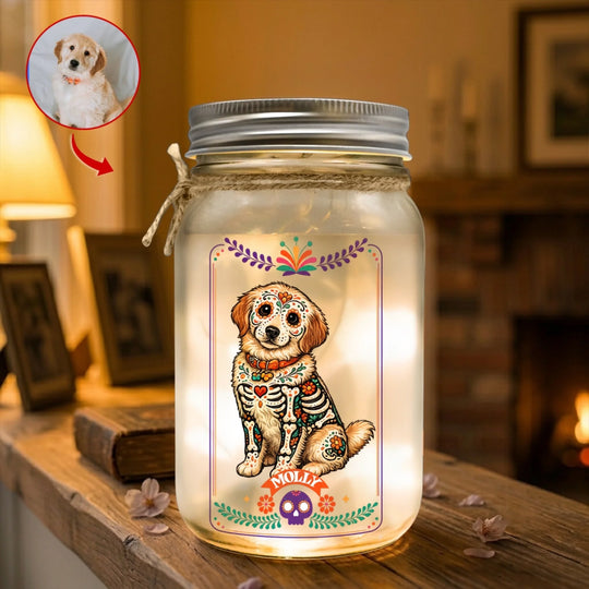 Too Cute to Spook - Personalized Mason Jar Light, Custom Pet Portrait Day Of The Dead Mexican Hispanic Style