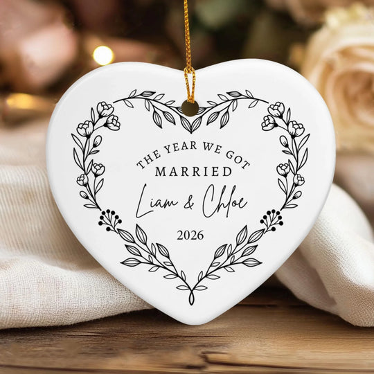 First Christmas Married -Personalized Heart Ceramic Ornament, Personalized Wedding Ornament, 1st Christmas As Mr and Mrs Ornament, Newlywed Couple Heart Ornament