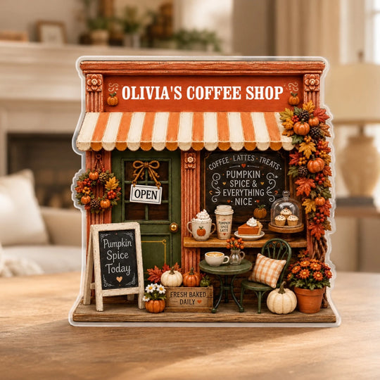 Pumpkin Spice Café - Personalized Acrylic Plaque, Custom Coffee Shop Decor, Autumn Farmhouse Sign, Fall Home Decoration