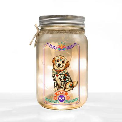 Too Cute to Spook - Personalized Mason Jar Light, Custom Pet Portrait Day Of The Dead Mexican Hispanic Style