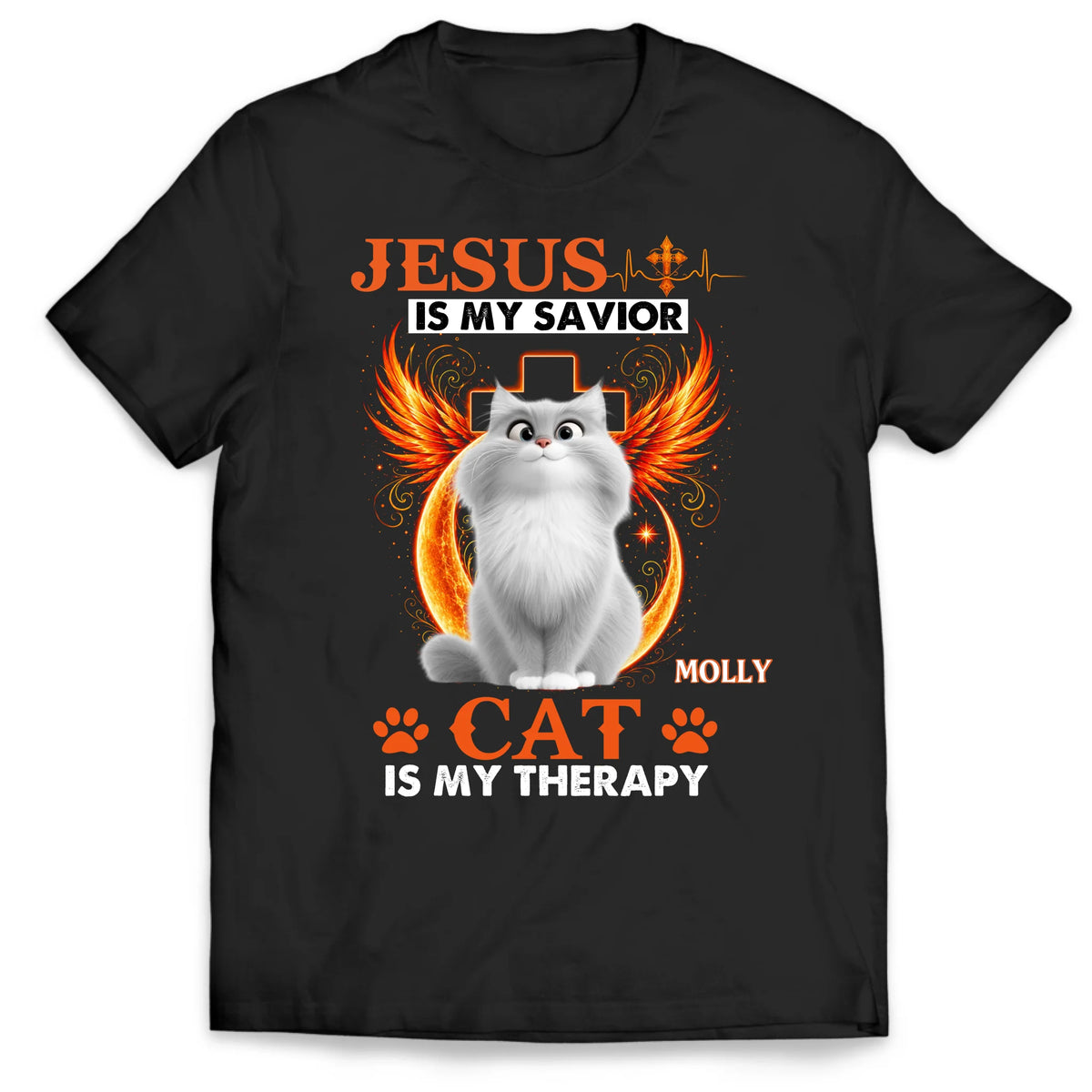 Jesus Is My Savior Cat Is My Therapy - Personalized T-Shirt, Gift For Cat Lovers