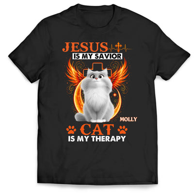 Jesus Is My Savior Cat Is My Therapy - Personalized T-Shirt, Gift For Cat Lovers