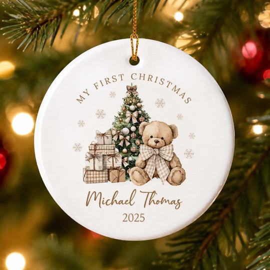 My First Christmas - Personalize Ceramic  Ornament, Custom Baby Name Bear Ceramic Ornament, First Christmas Gift, Xmas Ornament for New Baby