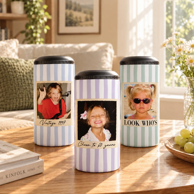 My Happy New Old - Personalized Can Cooler, Striped Birthday Can Cooler With Custom Photo