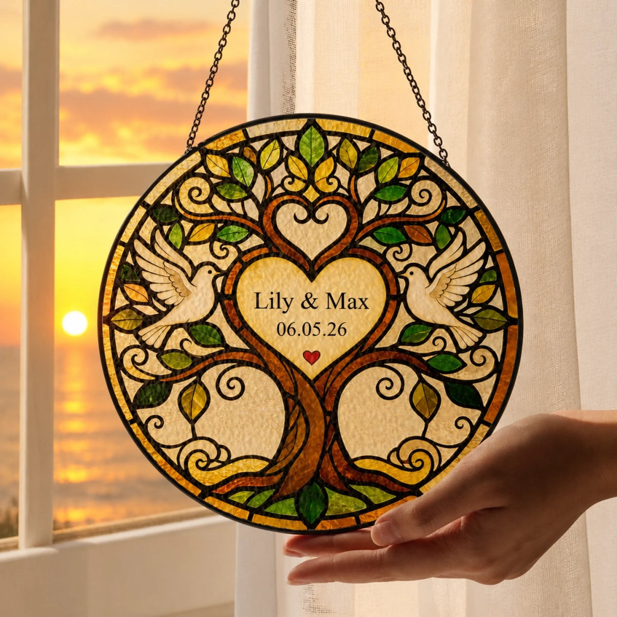 Always &amp; Forever - Personalized Window Suncatcher, Custom Wedding Tree Stained Glass Suncatcher, Personalized Family Tree of Life Hanging, Love Birds Wedding Gift for Bride Groom, Anniversary