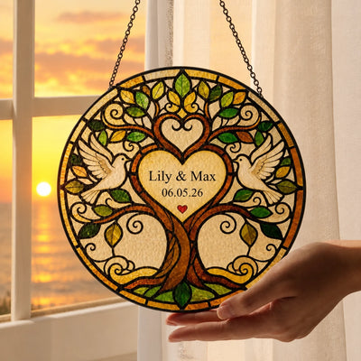 Always & Forever - Personalized Window Suncatcher, Custom Wedding Tree Stained Glass Suncatcher, Personalized Family Tree of Life Hanging, Love Birds Wedding Gift for Bride Groom, Anniversary