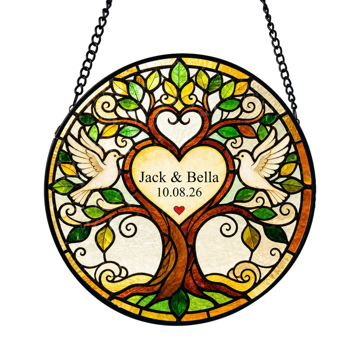 Always &amp; Forever - Personalized Window Suncatcher, Custom Wedding Tree Stained Glass Suncatcher, Personalized Family Tree of Life Hanging, Love Birds Wedding Gift for Bride Groom, Anniversary