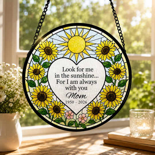 Look For Me In The Sunshine - Personalized Window Stained Glass, Memorial Sunflower Suncatcher, Sympathy Gift For Loss Of Mom
