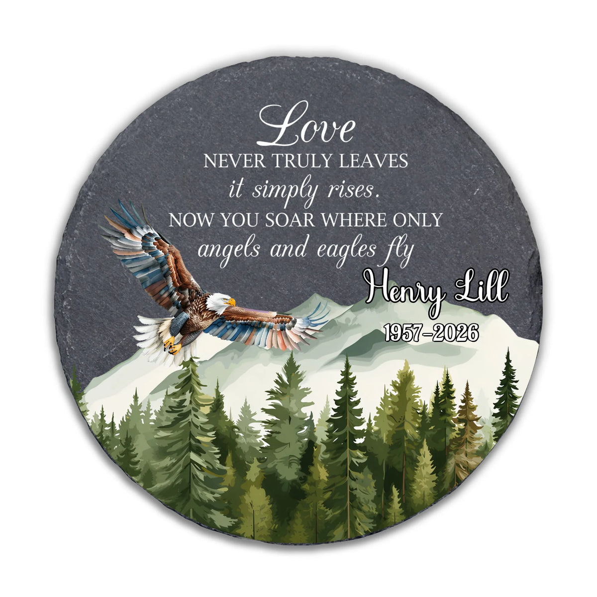 Love Never Truly Leaves, It Simply Rises - Personalized Memorial Stone, Custom Name and Date Memorial, Eagle Remembrance Stone, Loss of Loved One Gift, Sympathy Garden Decor