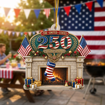 America’s 250th Birthday - Personalized Acrylic Ornament, Custom Patriotic Stockings By The Fireplace