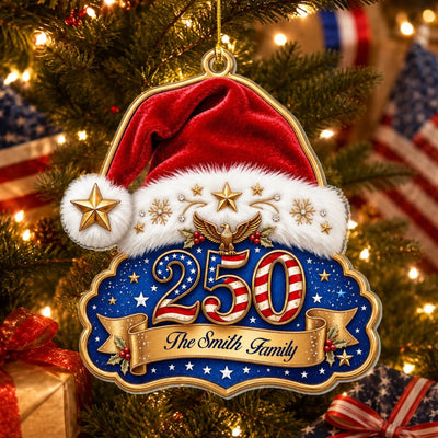 USA 250 Santa Hat-Shaped Acrylic Ornament – Personalized Red, White & Blue Family Christmas Keepsake