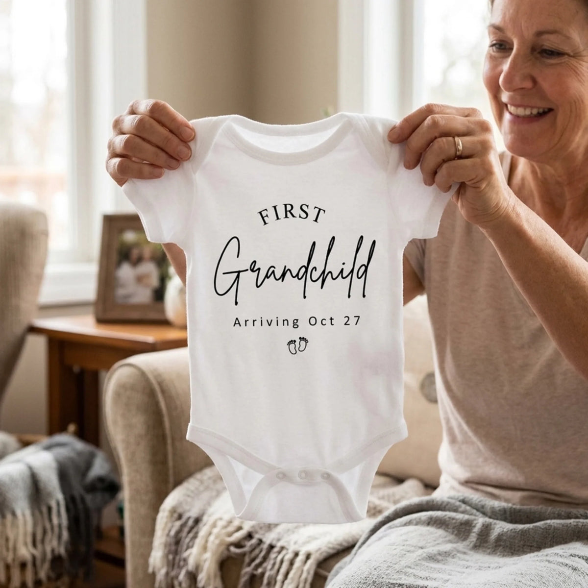 First Baby Arriving Announcement - Personalized Baby Onesie, Gift For First Grandma, Grandpa, Grandparents Gift