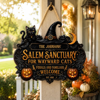 Salem Sanctuary For Wayward Cats Ferals And Familiars Welcome - Personalized Wooden Sign, Gift For Halloween, Home Decor Halloween
