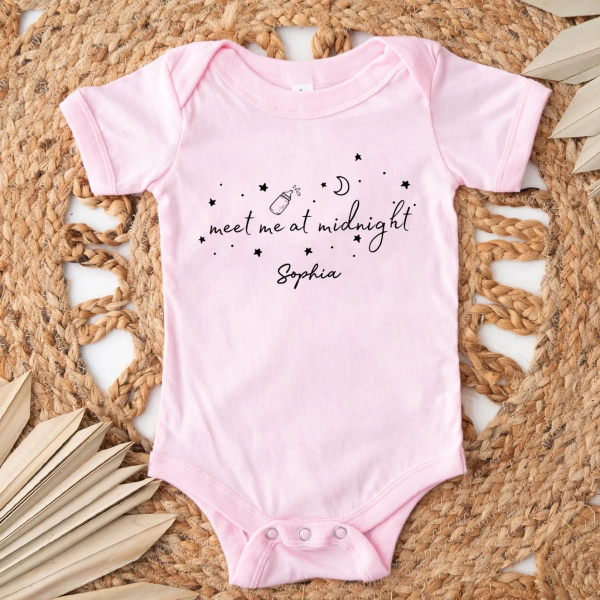 Meet Me At Midnight - Personalized Baby Onesie, Newborn Announcement Outfit, Pregnancy Reveal Gift, Moon And Stars Bodysuit