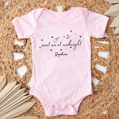 Meet Me At Midnight - Personalized Baby Onesie, Newborn Announcement Outfit, Pregnancy Reveal Gift, Moon And Stars Bodysuit