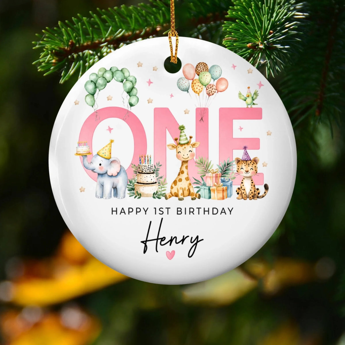 Wild One’s First Birthday - Personalized Ornament, Baby’s 1st Birthday Keepsake, Safari Animal Ornament