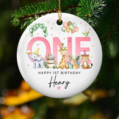 Wild One’s First Birthday - Personalized Ornament, Baby’s 1st Birthday Keepsake, Safari Animal Ornament