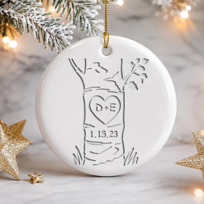 Happily Ever After - Personalized Ceramic Ornament, Custom Carved Initials In A Heart Tree Mug, Anniversary Ornament, Engagement Gifts, Newlywed Gift