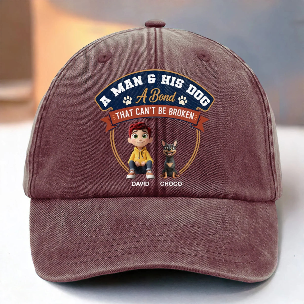 A Bond That Can’t Be Broken - Personalized Washed Denim Cap, Custom Dog Dad Hat, Pet Lover Gift, Personalized Man and Dog Cap