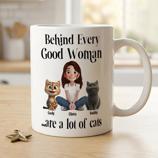 Behind Every Good Woman Are A Lot Of Cats -  Personalized Mug, Funny Coffee Mug For Cat Lover, Cat Mom Gift