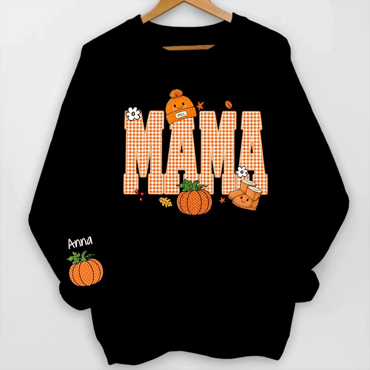 Mama Pumpkin Fall - Personalized Sleeve Print Sweater, Custom Kids Names Shirt, Fall Pumpkin Mama Crewneck, Thanksgiving Gift for Mom