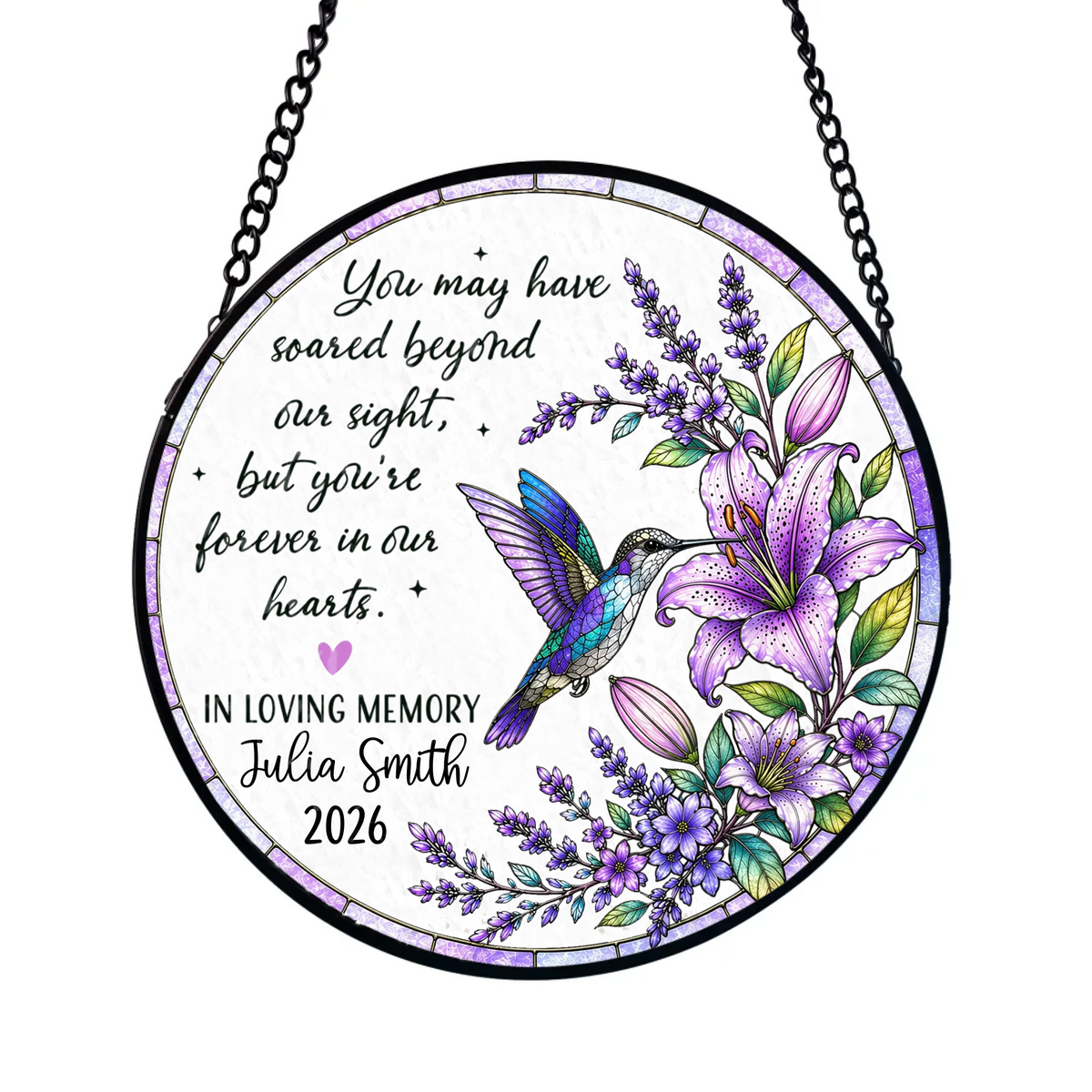Forever in Our Hearts, Carried on Hummingbird Wings - Personalized Window Stained Glass, Custom Memorial Window Hanging, Bereavement Gift, Loss of Loved One Keepsake