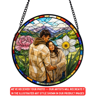 Our Love Blooms in Every Season - Personalized Window Stained Glass, Custom Couple Portrait, Romantic Window Hanging, Anniversary Gift, Wedding Keepsake