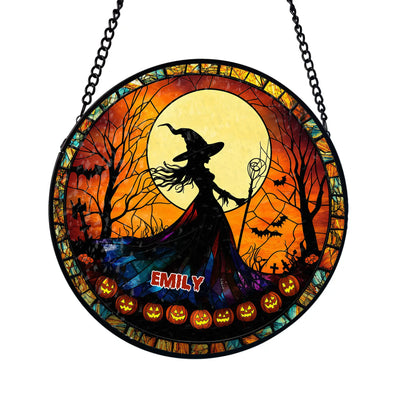 Halloween Witch With Moon - Personalized Window Stained Glass, Witchy Window Hanging Decor, Spooky Halloween Decor for Windows