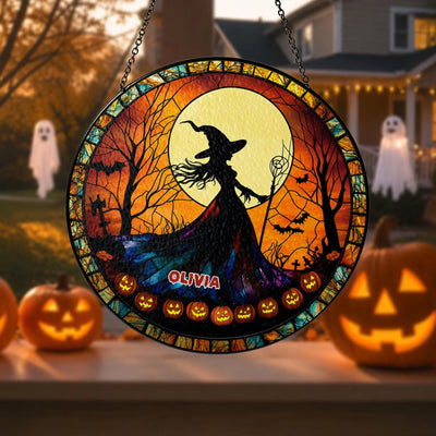 Halloween Witch With Moon - Personalized Window Stained Glass, Witchy Window Hanging Decor, Spooky Halloween Decor for Windows