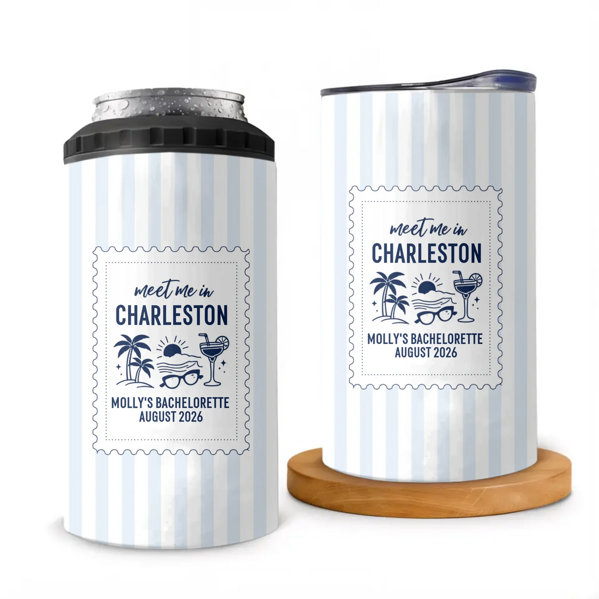 Me Us In Beach Bachelorette - Personalized Can Cooler, Coastal Summer Party Favors, Custom Drink Holder With Stamp