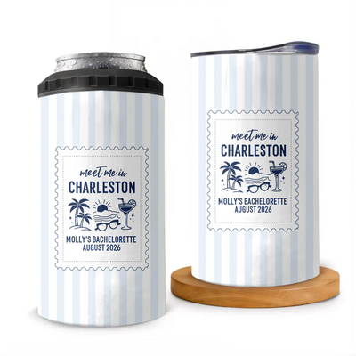 Me Us In Beach Bachelorette - Personalized Can Cooler, Coastal Summer Party Favors, Custom Drink Holder With Stamp
