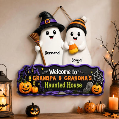 Welcome To Grandparents Haunted House - Personalized Wooden Sign, Standing Boo Kids Door Decor, Gift for Grandma & Grandpa
