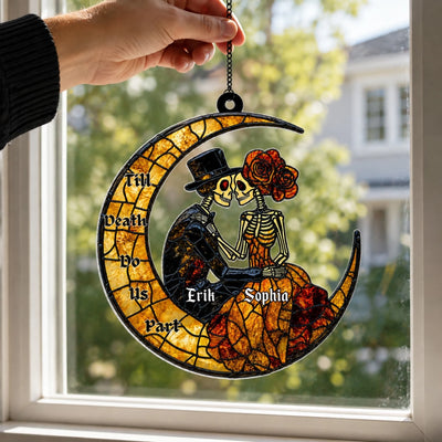 Till Death Do Us Part - Personalized Acrylic Suncatcher, Faux Stained Glass Skeleton Couple Moon Window Hanging, Gothic Wedding Gift For Couple