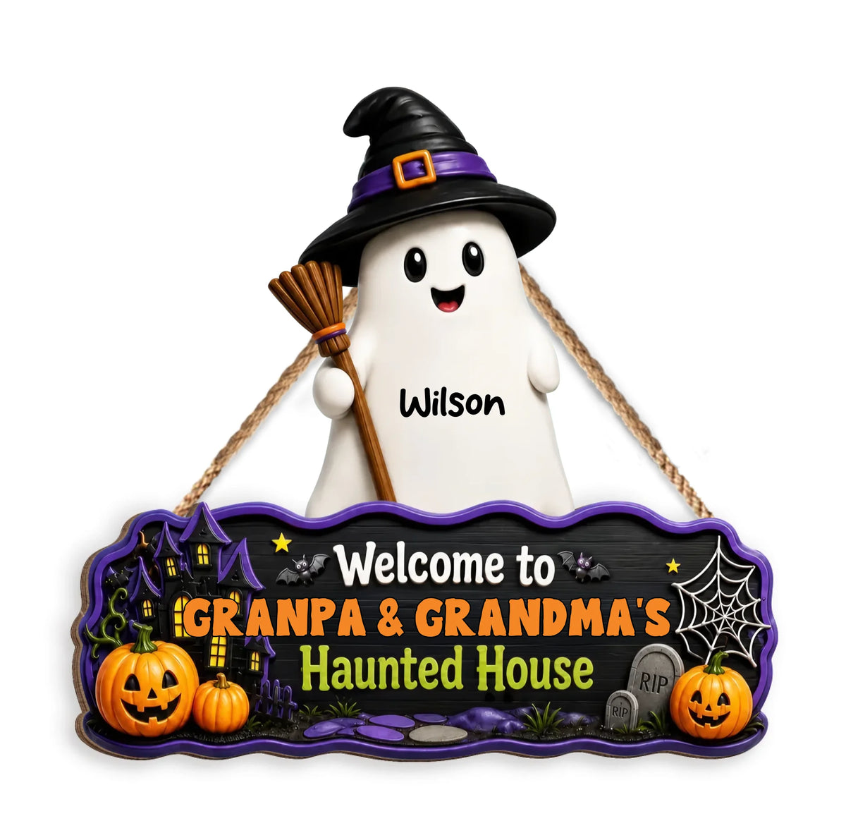 Welcome To Grandparents Haunted House - Personalized Wooden Sign, Standing Boo Kids Door Decor, Gift for Grandma &amp; Grandpa