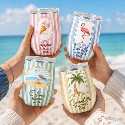 Girls Trip Cup For Beach Vacation - Personalized Wine Tumbler, Gift For Girl Group, Striped Beach Trip Vacation