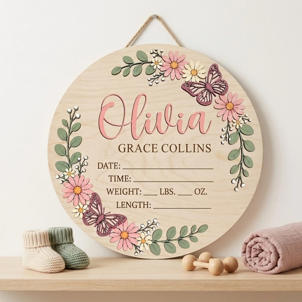 Welcome to the World, Little One - Personalized Wooden Sign, Custom Baby Name and Birth Stats Sign, Floral Butterfly Nursery Decor, Baby Shower Gift
