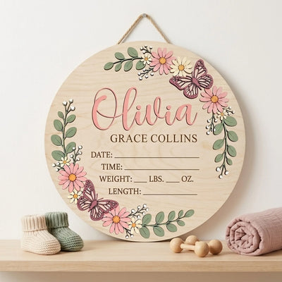 Welcome to the World, Little One - Personalized Wooden Sign, Custom Baby Name and Birth Stats Sign, Floral Butterfly Nursery Decor, Baby Shower Gift