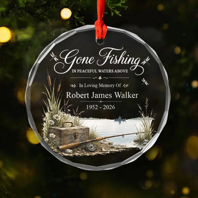 Gone Fishing In Heaven - Personalized Glass Ornament, Fisherman Memorial, Memorial Gift