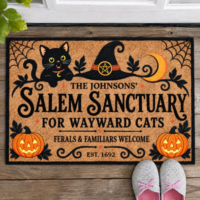 Salem Sanctuary for Wayward Cats - Personalized Doormat, Custom Family Name Welcome Doormat