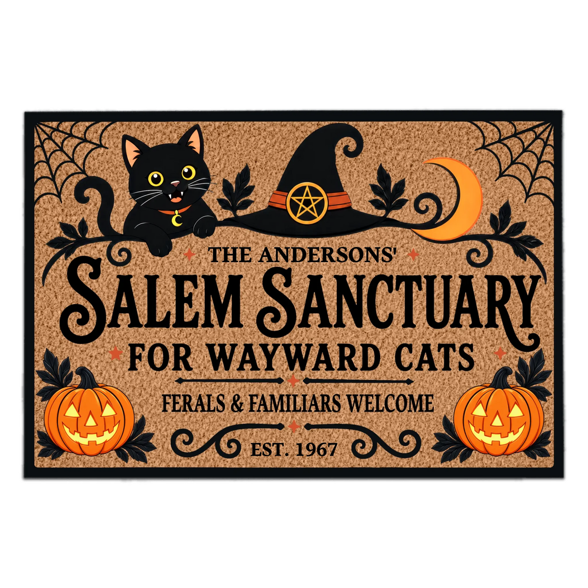 Salem Sanctuary for Wayward Cats - Personalized Doormat, Custom Family Name Welcome Doormat