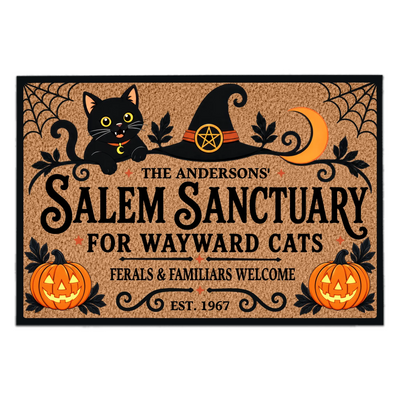 Salem Sanctuary for Wayward Cats - Personalized Doormat, Custom Family Name Welcome Doormat