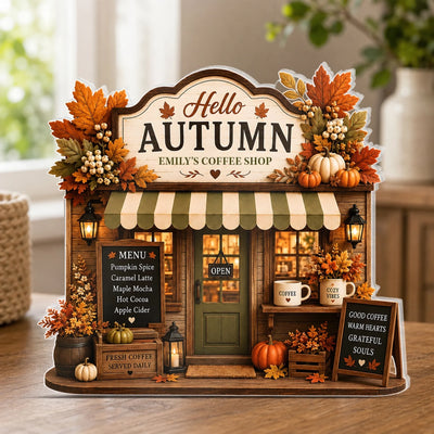Hello Autumn - Personalized Acrylic Plaque, Custom Fall Farmhouse Coffee Bar Decor, Rustic Pumpkin Acrylic Plaque