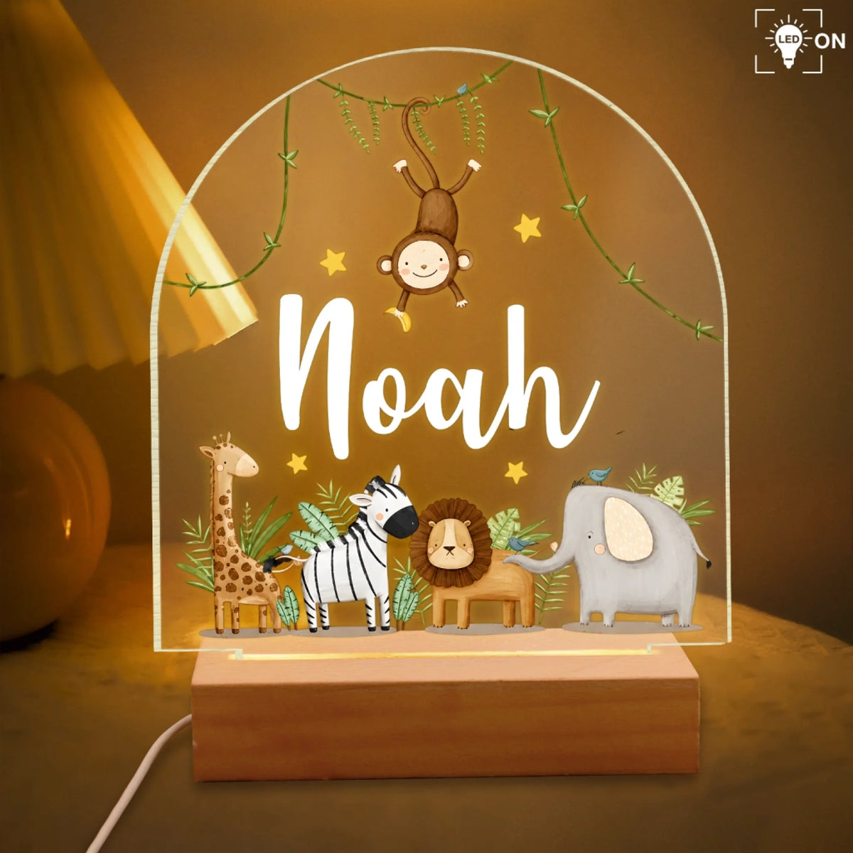 Safari Friends- Personalized Acrylic Night Light, Animal Lamp, Kids Night Light Gift, Safari Jungle Animals Light, Birthday Gifts for Kids, Kids Bedroom Nursery Table Light